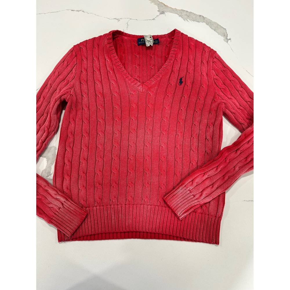 Polo Ralph Lauren Womens Red Cable Knit V-Neck Sweater Size M Cotton Pony Logo